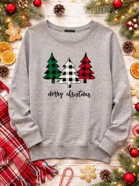 Christmas Buffalo Plaid Tree Graphic Top Gray Long Sleeve Modern Lux Size L